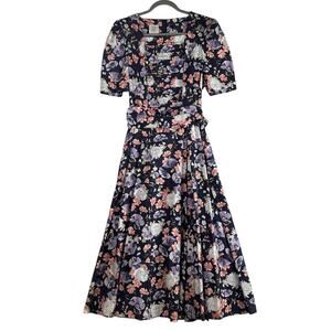 Laura Ashley Floral Dress Size 10 Navy Pink Milkmaid Cottagecore Tea 80s Vintage